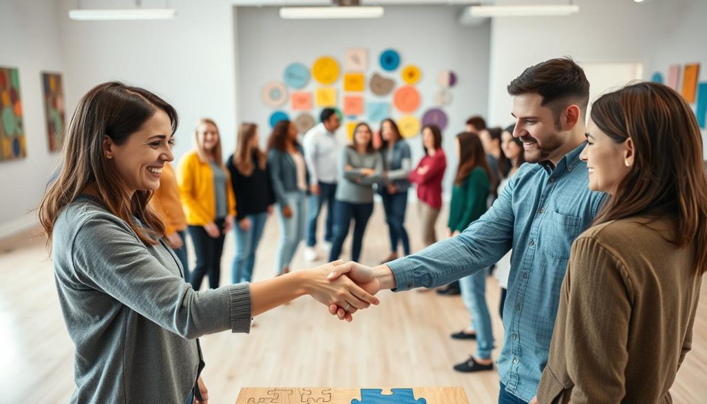A diverse group of individuals gathered in an open, well-lit studio space, engaged in a collaborative team-building exercise. In the foreground, two people shake hands, smiling as they work together to solve a puzzle. In the middle ground, others stand in a circle, participating in a trust-fall activity, their expressions focused and supportive. The background features a wall adorned with colorful artwork, creating a vibrant and inclusive atmosphere. Soft, diffused lighting and a shallow depth of field emphasize the sense of unity and togetherness within the group. A diverse group of individuals gathered in an open, well-lit studio space, engaged in a collaborative team-building exercise. In the foreground, two people shake hands, smiling as they work together to solve a puzzle. In the middle ground, others stand in a circle, participating in a trust-fall activity, their expressions focused and supportive. The background features a wall adorned with colorful artwork, creating a vibrant and inclusive atmosphere. Soft, diffused lighting and a shallow depth of field emphasize the sense of unity and togetherness within the group.