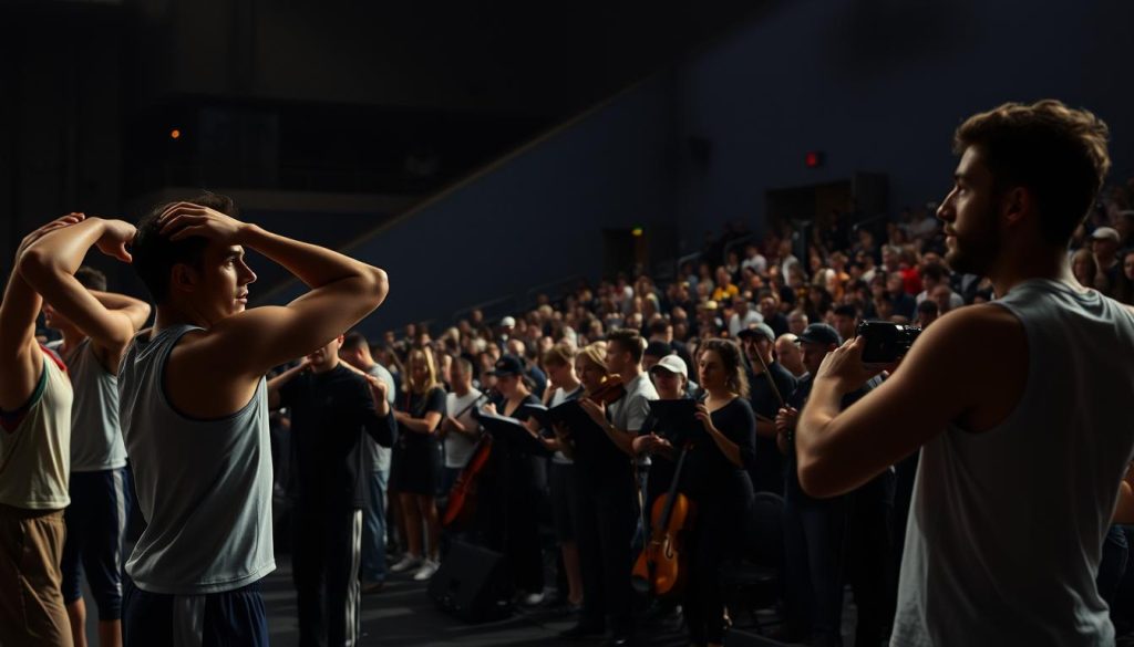 A dynamic scene of sports and arts performers engaged in anticipation strategies. In the foreground, athletes stretch and mentally prepare, their expressions focused and determined. In the middle ground, musicians and dancers rehearse, feeling the rhythmic tension build. In the background, a packed audience waits with bated breath, the air thick with excitement. Dramatic lighting casts dramatic shadows, heightening the sense of drama and anticipation. Cinematic camera angles emphasize the intensity of the moment, conveying the thrill of the impending performance or competition. An atmosphere of electric suspense, as everyone eagerly awaits the grand unveiling. A dynamic scene of sports and arts performers engaged in anticipation strategies. In the foreground, athletes stretch and mentally prepare, their expressions focused and determined. In the middle ground, musicians and dancers rehearse, feeling the rhythmic tension build. In the background, a packed audience waits with bated breath, the air thick with excitement. Dramatic lighting casts dramatic shadows, heightening the sense of drama and anticipation. Cinematic camera angles emphasize the intensity of the moment, conveying the thrill of the impending performance or competition. An atmosphere of electric suspense, as everyone eagerly awaits the grand unveiling.
