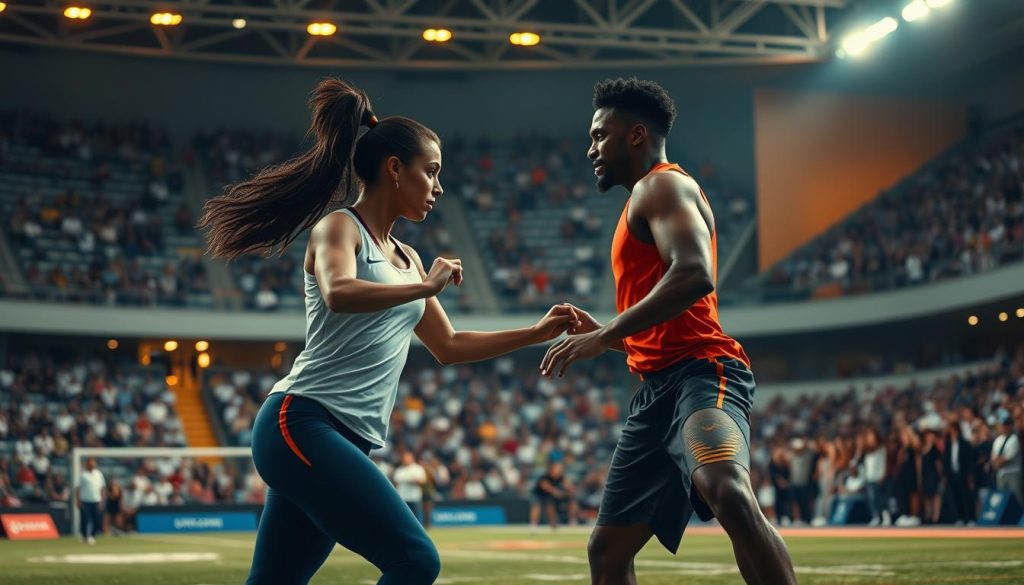 A dynamic sports arena, illuminated by the warm glow of modern lighting. On the field, two athletes - a woman and a man - engaged in an intense yet graceful competition, their movements fluid and powerful. Their uniforms reflect the latest athletic fashion, conveying a sense of empowerment and individuality. In the stands, a diverse crowd watches on, their expressions reflecting the emotional weight of the moment. The scene captures the intersection of modern drama, social themes, and the evolving role of gender in the world of sports. A dynamic sports arena, illuminated by the warm glow of modern lighting. On the field, two athletes - a woman and a man - engaged in an intense yet graceful competition, their movements fluid and powerful. Their uniforms reflect the latest athletic fashion, conveying a sense of empowerment and individuality. In the stands, a diverse crowd watches on, their expressions reflecting the emotional weight of the moment. The scene captures the intersection of modern drama, social themes, and the evolving role of gender in the world of sports.