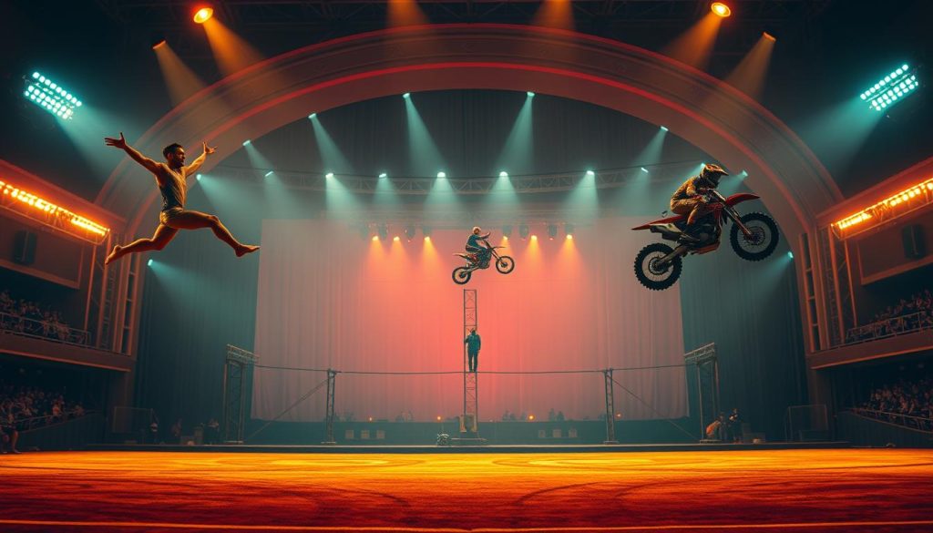 A dynamic sports arena set against a dramatic theatrical backdrop. In the foreground, two athletes - a gymnast mid-leap and a daredevil motorcycle rider mid-stunt - represent the daring and risk-taking spirit of experimental performance. The middle ground features a high-wire act, symbolizing the precarious balance between safety and innovation. In the background, a grand proscenium arch frames the scene, hinting at the grand stage upon which these athletic feats are showcased. Warm, dramatic lighting casts dynamic shadows, creating a sense of energy and excitement. The overall mood is one of awe-inspiring spectacle, where the boundaries between sports and theater blur, celebrating the courage to take big risks. A dynamic sports arena set against a dramatic theatrical backdrop. In the foreground, two athletes - a gymnast mid-leap and a daredevil motorcycle rider mid-stunt - represent the daring and risk-taking spirit of experimental performance. The middle ground features a high-wire act, symbolizing the precarious balance between safety and innovation. In the background, a grand proscenium arch frames the scene, hinting at the grand stage upon which these athletic feats are showcased. Warm, dramatic lighting casts dynamic shadows, creating a sense of energy and excitement. The overall mood is one of awe-inspiring spectacle, where the boundaries between sports and theater blur, celebrating the courage to take big risks.