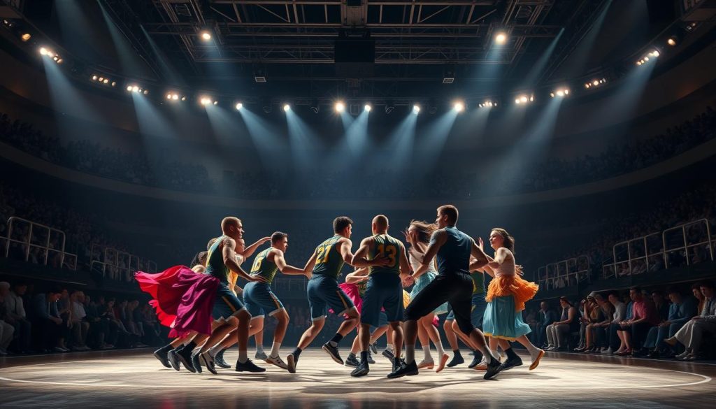 A dynamic sports arena, the stage for a theatrical performance. Center stage, a group of athletes engaged in a intense game, their movements graceful and precise. Around them, actors in vibrant costumes weave between the players, blurring the line between sport and spectacle. Dramatic lighting casts long shadows, creating an atmosphere of tension and anticipation. In the background, the audience sits transfixed, their expressions reflecting the raw emotion of the hybrid spectacle unfolding before them. A captivating juxtaposition of athletic prowess and theatrical flair, capturing the spirit of LGBTQ+ inclusion and the power of team culture to transcend boundaries. A dynamic sports arena, the stage for a theatrical performance. Center stage, a group of athletes engaged in a intense game, their movements graceful and precise. Around them, actors in vibrant costumes weave between the players, blurring the line between sport and spectacle. Dramatic lighting casts long shadows, creating an atmosphere of tension and anticipation. In the background, the audience sits transfixed, their expressions reflecting the raw emotion of the hybrid spectacle unfolding before them. A captivating juxtaposition of athletic prowess and theatrical flair, capturing the spirit of LGBTQ+ inclusion and the power of team culture to transcend boundaries.