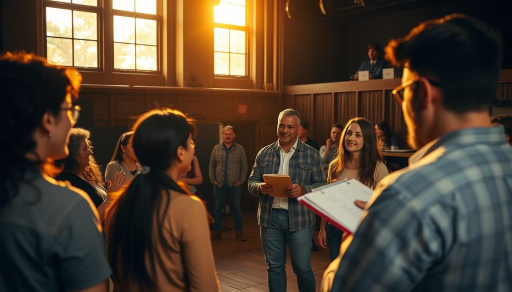 A dynamic theater rehearsal scene unfolds, capturing the essence of teamwork. In the foreground, actors engage in lively discussions, gesticulating as they collaborate on scene interpretations. The middle ground showcases the director, clipboard in hand, guiding the ensemble through blocking and character development. Upstage, the stage manager coordinates with the lighting and sound technicians, ensuring a seamless production. Warm, natural lighting filters through large windows, casting a golden glow and creating a sense of creativity and camaraderie. The overall atmosphere exudes a palpable energy, reflecting the synergy of diverse roles working in harmony to bring the production to life. A dynamic theater rehearsal scene unfolds, capturing the essence of teamwork. In the foreground, actors engage in lively discussions, gesticulating as they collaborate on scene interpretations. The middle ground showcases the director, clipboard in hand, guiding the ensemble through blocking and character development. Upstage, the stage manager coordinates with the lighting and sound technicians, ensuring a seamless production. Warm, natural lighting filters through large windows, casting a golden glow and creating a sense of creativity and camaraderie. The overall atmosphere exudes a palpable energy, reflecting the synergy of diverse roles working in harmony to bring the production to life.