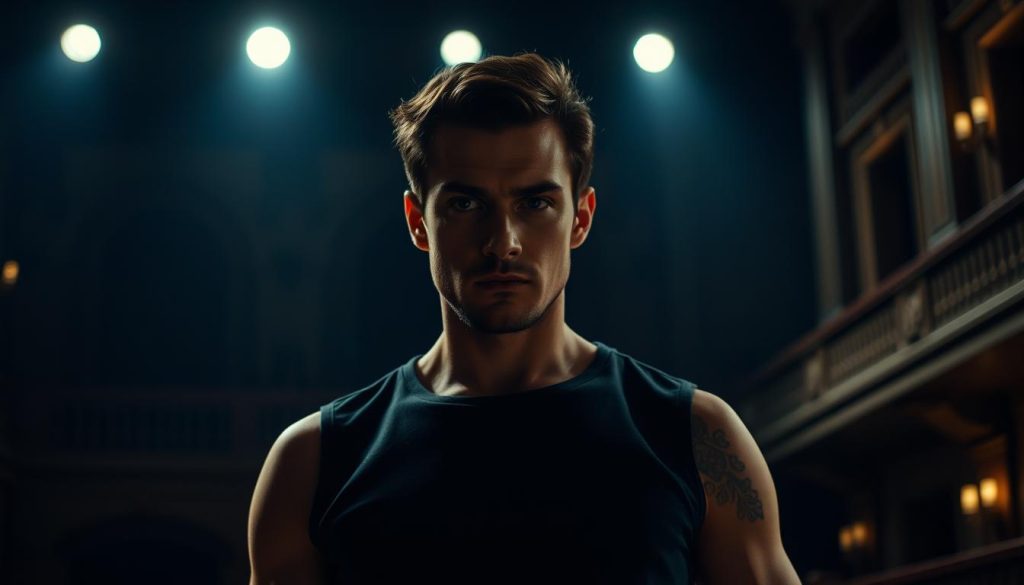 A focused actor stands center stage, deeply immersed in character study, their gaze intense and unwavering. Soft, directional lighting casts dramatic shadows, heightening the sense of concentration. In the background, a dimly lit theater space, with elegant architectural details hinting at the grandeur of the stage. The actor's posture is poised, every muscle tense with the weight of their performance, a testament to the dedication and discipline required for a compelling portrayal. An aura of quiet determination permeates the scene, as the actor prepares to bring the complexities of loyalty to life. A focused actor stands center stage, deeply immersed in character study, their gaze intense and unwavering. Soft, directional lighting casts dramatic shadows, heightening the sense of concentration. In the background, a dimly lit theater space, with elegant architectural details hinting at the grandeur of the stage. The actor's posture is poised, every muscle tense with the weight of their performance, a testament to the dedication and discipline required for a compelling portrayal. An aura of quiet determination permeates the scene, as the actor prepares to bring the complexities of loyalty to life.