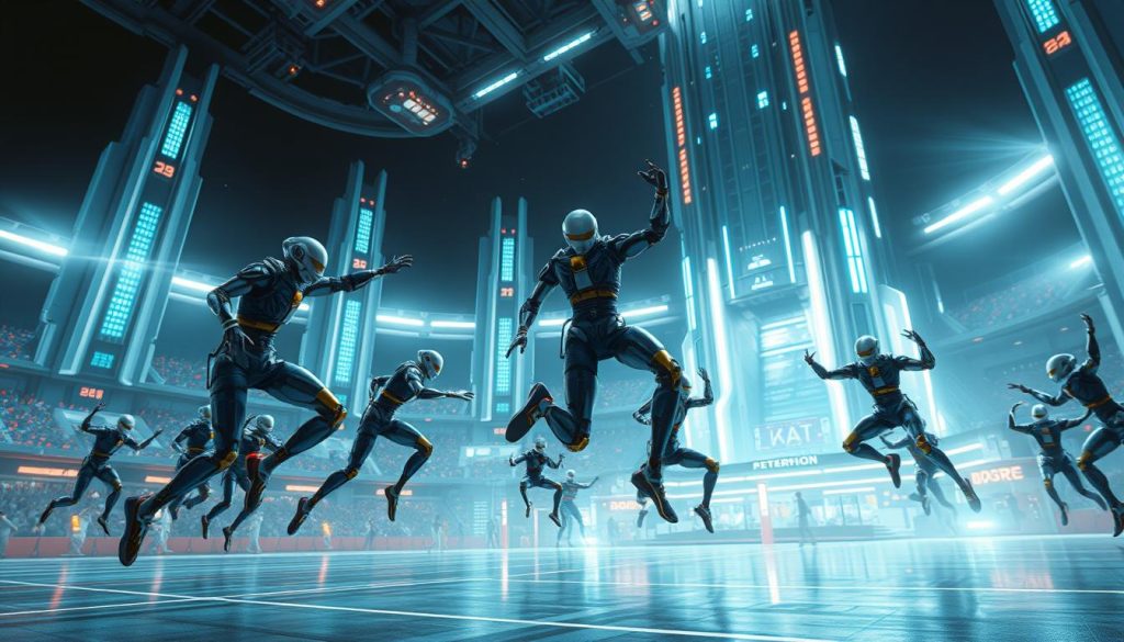 A futuristic sports arena with towering, gleaming structures in the background. In the foreground, a group of athletic androids and cyborgs engaged in a intense, high-stakes competition. They leap, twist, and push the limits of their enhanced physical capabilities, their robotic limbs and exoskeletons gleaming under dramatic, angular lighting. The scene conveys a sense of spectacle, danger, and the thrill of technological innovation pushing the boundaries of human performance. The mood is one of awe-inspiring, speculative sci-fi wonder. A futuristic sports arena with towering, gleaming structures in the background. In the foreground, a group of athletic androids and cyborgs engaged in a intense, high-stakes competition. They leap, twist, and push the limits of their enhanced physical capabilities, their robotic limbs and exoskeletons gleaming under dramatic, angular lighting. The scene conveys a sense of spectacle, danger, and the thrill of technological innovation pushing the boundaries of human performance. The mood is one of awe-inspiring, speculative sci-fi wonder.