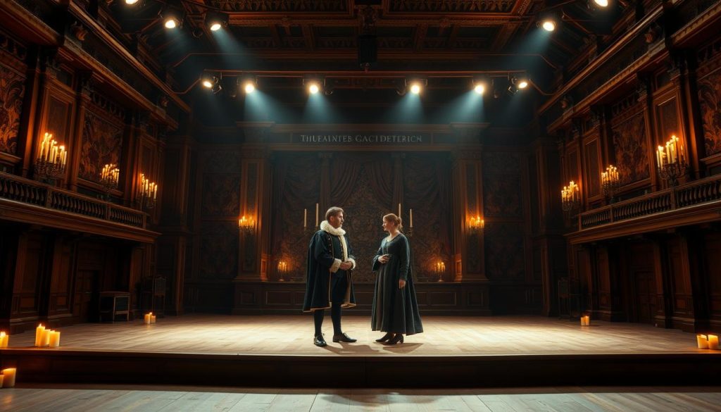A grand Elizabethan stage, lit by warm candlelight, sets the scene for a modern interpretation of Shakespeare's gender roles. In the foreground, two actors in period costumes stand center stage, their body language and gestures reflecting the power dynamics of the Bard's iconic characters. The middle ground reveals a backdrop of rich tapestries and ornate architectural details, evoking the opulent setting of a Shakespearean theater. The overall atmosphere is one of artistic exploration, blending the traditional with the contemporary, inviting the audience to re-examine the complexities of gender and power within the timeless works of the master playwright. A grand Elizabethan stage, lit by warm candlelight, sets the scene for a modern interpretation of Shakespeare's gender roles. In the foreground, two actors in period costumes stand center stage, their body language and gestures reflecting the power dynamics of the Bard's iconic characters. The middle ground reveals a backdrop of rich tapestries and ornate architectural details, evoking the opulent setting of a Shakespearean theater. The overall atmosphere is one of artistic exploration, blending the traditional with the contemporary, inviting the audience to re-examine the complexities of gender and power within the timeless works of the master playwright.