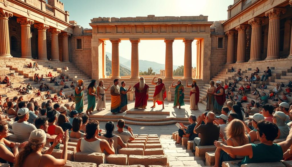 A grand amphitheater in ancient Greece, the sun's warm glow casting a vibrant hue upon the stone seats. On the central stage, a group of masked actors dressed in colorful togas and chitons engage in a lively comedic performance, their exaggerated gestures and expressions captivating the attentive audience. The background is adorned with intricate columns and archways, hinting at the grandeur of the Grecian architectural style. The atmosphere is one of lighthearted merriment, as the audience erupts in laughter and applause, immersed in the political satire and team spirit of this classic Greek comedy. A grand amphitheater in ancient Greece, the sun's warm glow casting a vibrant hue upon the stone seats. On the central stage, a group of masked actors dressed in colorful togas and chitons engage in a lively comedic performance, their exaggerated gestures and expressions captivating the attentive audience. The background is adorned with intricate columns and archways, hinting at the grandeur of the Grecian architectural style. The atmosphere is one of lighthearted merriment, as the audience erupts in laughter and applause, immersed in the political satire and team spirit of this classic Greek comedy.