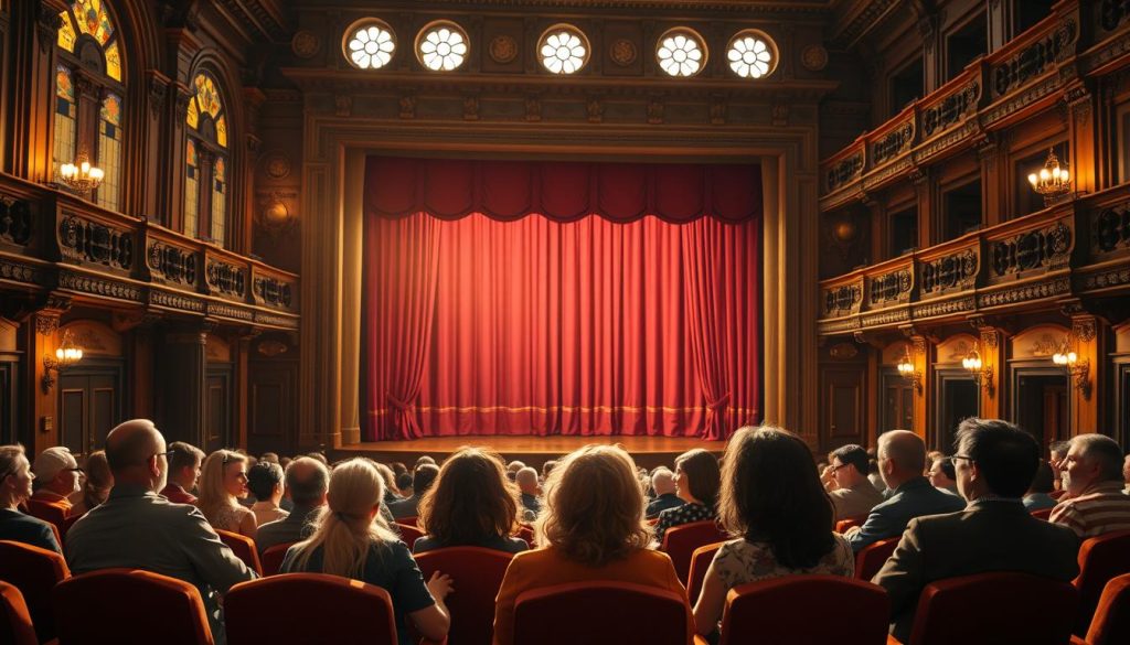 A grand, antique theater hall with ornate architectural details and a majestic stage. Rows of plush, velvet-upholstered seats face the stage, creating an atmosphere of anticipation. Warm, golden lighting filters through stained glass windows, casting a soft, inviting glow. In the foreground, a group of audience members engaged in lively discussion, gesturing animatedly. The middle ground showcases the stage, its rich curtains drawn, hinting at the performance to come. The background features ornate balconies and balustrades, adding to the sense of historical grandeur. The overall scene evokes a sense of community, intellectual discourse, and the power of the theatrical experience. A grand, antique theater hall with ornate architectural details and a majestic stage. Rows of plush, velvet-upholstered seats face the stage, creating an atmosphere of anticipation. Warm, golden lighting filters through stained glass windows, casting a soft, inviting glow. In the foreground, a group of audience members engaged in lively discussion, gesturing animatedly. The middle ground showcases the stage, its rich curtains drawn, hinting at the performance to come. The background features ornate balconies and balustrades, adding to the sense of historical grandeur. The overall scene evokes a sense of community, intellectual discourse, and the power of the theatrical experience.