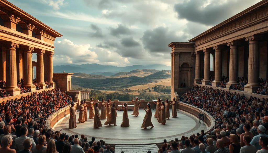 A grand, classical amphitheater with ornate stone columns and arches, casting dramatic shadows. In the central stage, a troupe of Greek chorus performers clad in flowing robes and masks, moving in perfect synchronization, their gestures and movements mirroring the rhythmic flow of a team sport. The audience, seated in tiers, watches with rapt attention, the lighting warm and golden, evoking the timeless drama of ancient Greece. Behind the stage, a backdrop of rolling hills and a cloudy, atmospheric sky completes the timeless, epic scene. A grand, classical amphitheater with ornate stone columns and arches, casting dramatic shadows. In the central stage, a troupe of Greek chorus performers clad in flowing robes and masks, moving in perfect synchronization, their gestures and movements mirroring the rhythmic flow of a team sport. The audience, seated in tiers, watches with rapt attention, the lighting warm and golden, evoking the timeless drama of ancient Greece. Behind the stage, a backdrop of rolling hills and a cloudy, atmospheric sky completes the timeless, epic scene.