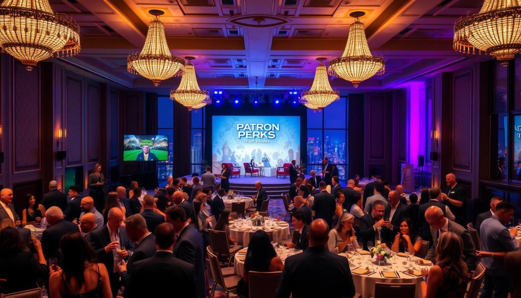 A grand event hall, illuminated by warm, ambient lighting from elegant chandeliers. In the foreground, a group of patrons enjoying drinks and hors d'oeuvres, dressed in formal attire, engaged in lively conversation. At the center, a stage with a backdrop of stylized gaming-inspired motifs, hinting at the special nature of this "Patron Perks" event. The middle ground features tables with centerpieces and place settings, suggesting a formal dinner or seated gathering. In the background, large windows offer a glimpse of a vibrant city skyline, adding a sense of urban sophistication. The overall atmosphere conveys a feeling of exclusivity, camaraderie, and a celebration of the patrons' special relationship with the gaming or cultural institution hosting the event. A grand event hall, illuminated by warm, ambient lighting from elegant chandeliers. In the foreground, a group of patrons enjoying drinks and hors d'oeuvres, dressed in formal attire, engaged in lively conversation. At the center, a stage with a backdrop of stylized gaming-inspired motifs, hinting at the special nature of this "Patron Perks" event. The middle ground features tables with centerpieces and place settings, suggesting a formal dinner or seated gathering. In the background, large windows offer a glimpse of a vibrant city skyline, adding a sense of urban sophistication. The overall atmosphere conveys a feeling of exclusivity, camaraderie, and a celebration of the patrons' special relationship with the gaming or cultural institution hosting the event.