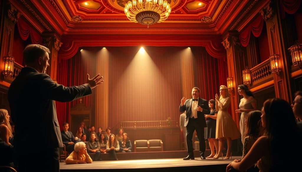 A grand, ornate American theater stage, bathed in warm, theatrical lighting. In the foreground, a director gestures expressively, guiding actors who perform a satirical scene with exaggerated movements and facial expressions. The middle ground reveals audience members, leaning forward with rapt attention. In the background, subtle art deco architectural details and plush, red velvet curtains evoke the timeless elegance of the stage. The overall atmosphere is one of creative energy, playful experimentation, and the magic of live performance. A grand, ornate American theater stage, bathed in warm, theatrical lighting. In the foreground, a director gestures expressively, guiding actors who perform a satirical scene with exaggerated movements and facial expressions. The middle ground reveals audience members, leaning forward with rapt attention. In the background, subtle art deco architectural details and plush, red velvet curtains evoke the timeless elegance of the stage. The overall atmosphere is one of creative energy, playful experimentation, and the magic of live performance.