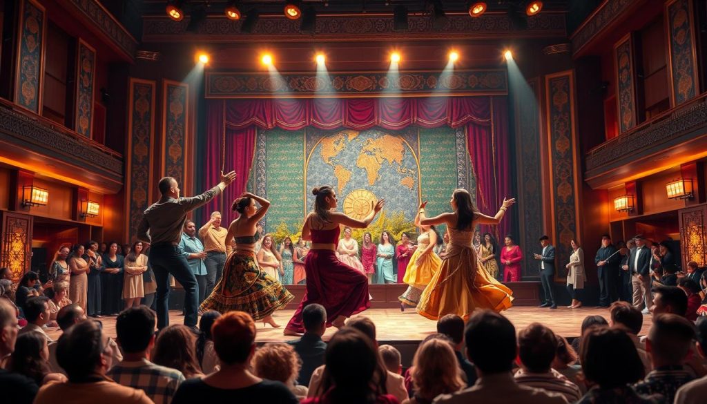 A grand performance stage, bathed in warm, theatrical lighting. In the foreground, performers from diverse cultural backgrounds engage in a dynamic, cross-cultural dance, their movements a seamless fusion of distinct styles. In the middle ground, a backdrop of vibrant, intricately patterned fabrics and ornate set pieces, hinting at the global influences shaping the production. The background showcases a diverse audience, their expressions reflecting wonder and appreciation for the captivating spectacle unfolding before them. The overall atmosphere exudes a sense of cultural exchange, collaboration, and the universal power of artistic expression to transcend boundaries. A grand performance stage, bathed in warm, theatrical lighting. In the foreground, performers from diverse cultural backgrounds engage in a dynamic, cross-cultural dance, their movements a seamless fusion of distinct styles. In the middle ground, a backdrop of vibrant, intricately patterned fabrics and ornate set pieces, hinting at the global influences shaping the production. The background showcases a diverse audience, their expressions reflecting wonder and appreciation for the captivating spectacle unfolding before them. The overall atmosphere exudes a sense of cultural exchange, collaboration, and the universal power of artistic expression to transcend boundaries.