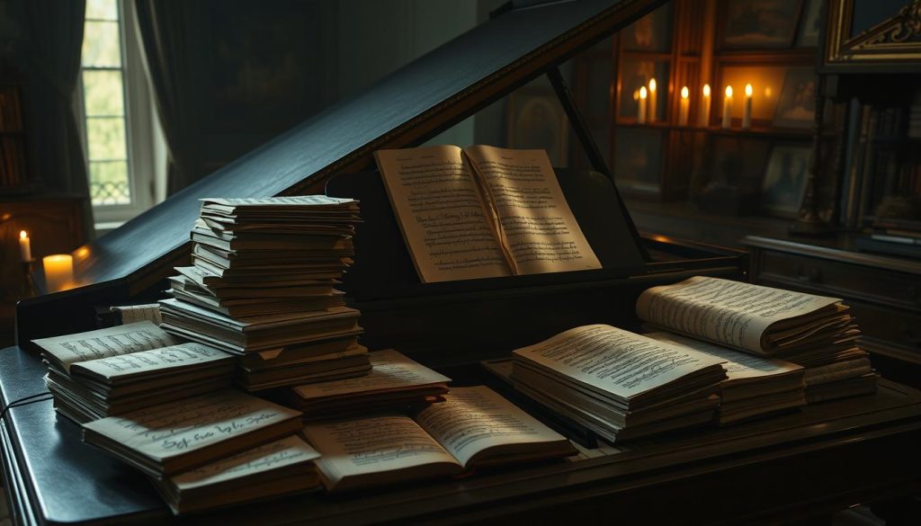 A grand piano stands majestically in a dimly lit, antique-filled study. Stacks of handwritten sheet music and annotated lyric books litter the polished surface, casting intriguing shadows. Flickering candlelight dances across the aged pages, illuminating the intricate musical notation and scribbled marginalia - a window into the creative process of the legendary Sappho. The air is thick with a sense of artistic gravitas, as if the very room reverberates with the echoes of her soulful compositions. A single spotlight highlights the piano's ivory keys, inviting the viewer to imagine the melancholic melodies that once filled this space, preserving the essence of Sappho's timeless, LGBTQ+ legacy. A grand piano stands majestically in a dimly lit, antique-filled study. Stacks of handwritten sheet music and annotated lyric books litter the polished surface, casting intriguing shadows. Flickering candlelight dances across the aged pages, illuminating the intricate musical notation and scribbled marginalia - a window into the creative process of the legendary Sappho. The air is thick with a sense of artistic gravitas, as if the very room reverberates with the echoes of her soulful compositions. A single spotlight highlights the piano's ivory keys, inviting the viewer to imagine the melancholic melodies that once filled this space, preserving the essence of Sappho's timeless, LGBTQ+ legacy.