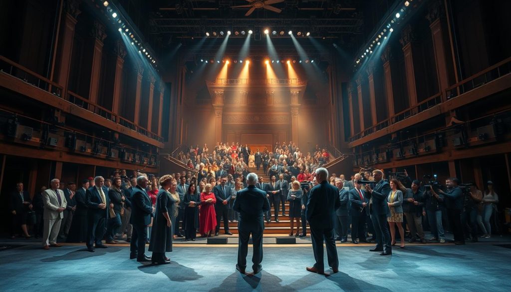 A grand stage, bathed in dramatic lighting, where a cast of esteemed actors and a dedicated crew bring a high-stakes political drama to life. In the foreground, the principal players stand resolute, their expressions conveying the weight of their roles. The middle ground reveals the bustling activity of the production team, microphones in hand, cameras at the ready, orchestrating the tension-filled scenes. In the background, a maze of intricate set pieces and technical equipment hint at the meticulous planning and execution required to realize this ambitious storytelling endeavor. An atmosphere of focus, intensity, and a sense of history in the making permeates the scene, capturing the essence of "high-stakes storytelling". A grand stage, bathed in dramatic lighting, where a cast of esteemed actors and a dedicated crew bring a high-stakes political drama to life. In the foreground, the principal players stand resolute, their expressions conveying the weight of their roles. The middle ground reveals the bustling activity of the production team, microphones in hand, cameras at the ready, orchestrating the tension-filled scenes. In the background, a maze of intricate set pieces and technical equipment hint at the meticulous planning and execution required to realize this ambitious storytelling endeavor. An atmosphere of focus, intensity, and a sense of history in the making permeates the scene, capturing the essence of "high-stakes storytelling".