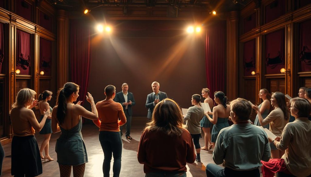 A grand stage set with a dramatic backdrop, lit by warm, theatrical lighting. In the foreground, a group of actors engaged in verse-speaking drills, their bodies animated with the creative energy of the performance tradition. In the middle ground, directors and playwrights scrutinize their work, offering guidance and feedback. The atmosphere is one of focused intensity, where the art of the spoken word is honed and refined, preparing for the grandest of theatrical competitions. A grand stage set with a dramatic backdrop, lit by warm, theatrical lighting. In the foreground, a group of actors engaged in verse-speaking drills, their bodies animated with the creative energy of the performance tradition. In the middle ground, directors and playwrights scrutinize their work, offering guidance and feedback. The atmosphere is one of focused intensity, where the art of the spoken word is honed and refined, preparing for the grandest of theatrical competitions.