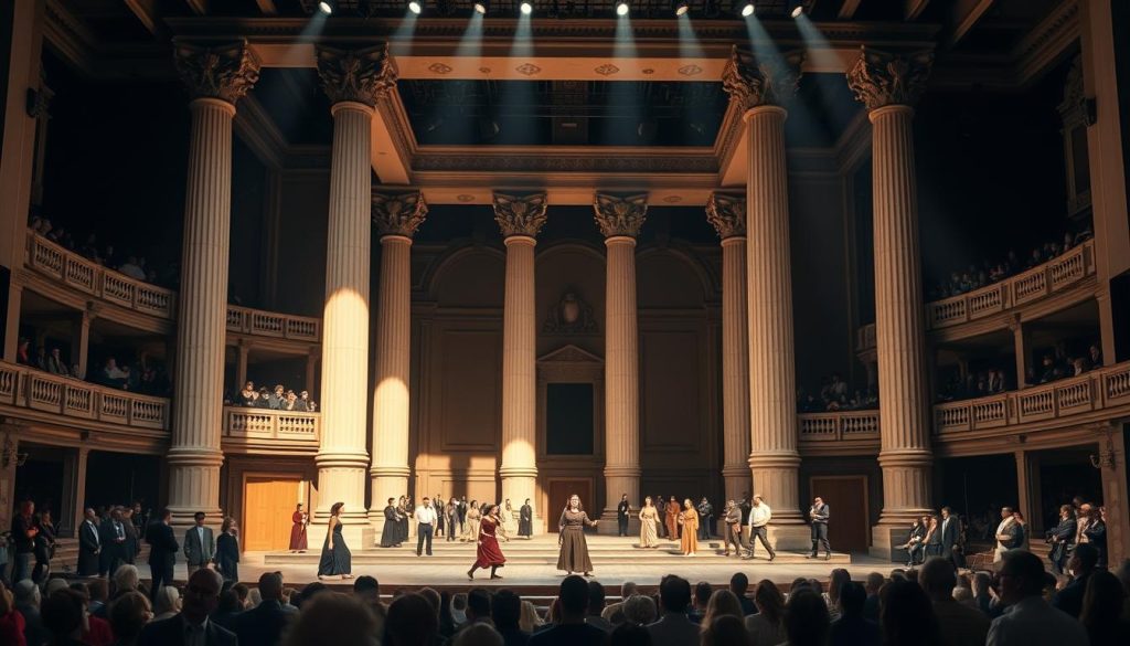 A grand stage with towering columns and ornate arches, casting dramatic shadows across a modern theater space. In the foreground, actors passionately perform, their movements fluid and emotive. Subtle lighting accentuates the intricate set design, blending classical architecture with sleek, contemporary elements. In the background, audience members watch with rapt attention, immersed in the timeless spectacle unfolding before them. The scene evokes a sense of timelessness, where ancient stories are reborn through innovative stagecraft, captivating a new generation. A grand stage with towering columns and ornate arches, casting dramatic shadows across a modern theater space. In the foreground, actors passionately perform, their movements fluid and emotive. Subtle lighting accentuates the intricate set design, blending classical architecture with sleek, contemporary elements. In the background, audience members watch with rapt attention, immersed in the timeless spectacle unfolding before them. The scene evokes a sense of timelessness, where ancient stories are reborn through innovative stagecraft, captivating a new generation.