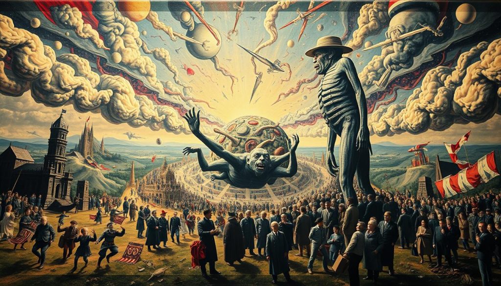 A grand, sweeping canvas depicting the cultural impact of controversial art. In the foreground, a towering, distorted figure representing the provocative, boundary-pushing works of Ubu Roi, casting a long, unsettling shadow over the landscape. In the middle ground, a swirling maelstrom of clashing ideologies, with figures both celebrating and condemning the subversive art, their expressions a mix of awe, outrage, and intellectual fervor. The background is a kaleidoscope of historical and contemporary influences, from the bold, jagged lines of early modernist art to the glittering, disorienting displays of the digital age, all converging to illustrate the far-reaching, disruptive legacy of Ubu Roi and its impact on the cultural zeitgeist, past and present. A grand, sweeping canvas depicting the cultural impact of controversial art. In the foreground, a towering, distorted figure representing the provocative, boundary-pushing works of Ubu Roi, casting a long, unsettling shadow over the landscape. In the middle ground, a swirling maelstrom of clashing ideologies, with figures both celebrating and condemning the subversive art, their expressions a mix of awe, outrage, and intellectual fervor. The background is a kaleidoscope of historical and contemporary influences, from the bold, jagged lines of early modernist art to the glittering, disorienting displays of the digital age, all converging to illustrate the far-reaching, disruptive legacy of Ubu Roi and its impact on the cultural zeitgeist, past and present.