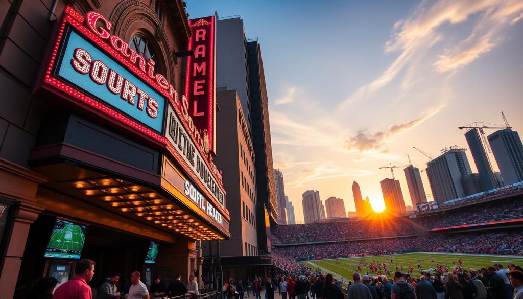 A grand theater's façade, its marquee aglow with neon, announces a "Sports Double Header" event. In the foreground, a bustling outdoor betting parlor, bettors hunched over screens displaying live scores. The middle ground reveals a packed stadium, fans cheering as athletes compete on the field. Overhead, a striking skyline of skyscrapers and cranes, the setting sun casting a warm, golden glow. The scene exudes an electric atmosphere of excitement, risk, and the thrill of high-stakes performance, capturing the essence of "Sports Scheduling and Theater Marathons". A grand theater's façade, its marquee aglow with neon, announces a "Sports Double Header" event. In the foreground, a bustling outdoor betting parlor, bettors hunched over screens displaying live scores. The middle ground reveals a packed stadium, fans cheering as athletes compete on the field. Overhead, a striking skyline of skyscrapers and cranes, the setting sun casting a warm, golden glow. The scene exudes an electric atmosphere of excitement, risk, and the thrill of high-stakes performance, capturing the essence of "Sports Scheduling and Theater Marathons".