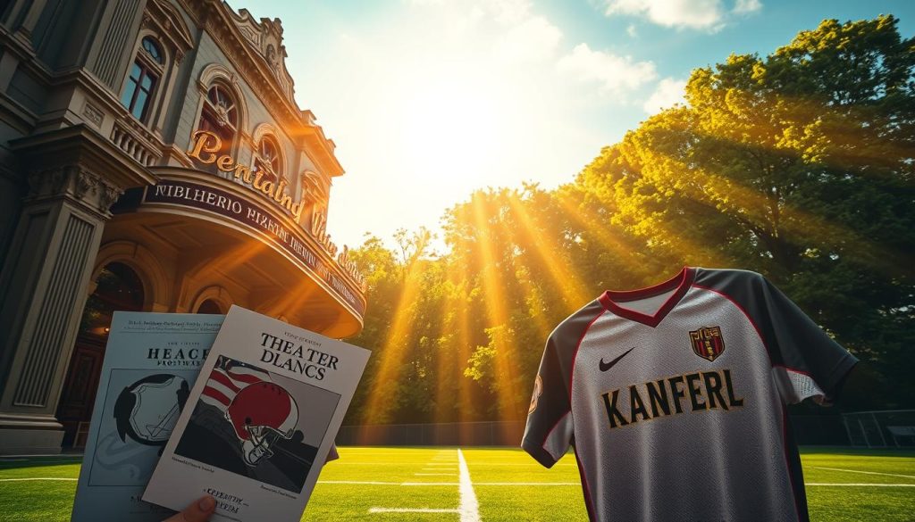 A grand theater's façade, its marquee glimmering, stands in contrast to a lush, verdant sports stadium. In the foreground, theater program covers and sports team jerseys are displayed side-by-side, highlighting the parallel rhythms of repertory and seasonal play. Rays of warm, golden light filter through, creating a sense of timelessness and shared human experience. The composition balances the iconic symbols of stage and field, inviting the viewer to contemplate the enduring appeal and resilience of both cultural realms. Captured with a wide-angle lens, the image conveys a sense of scale and the interplay between the two distinct yet interconnected domains. A grand theater's façade, its marquee glimmering, stands in contrast to a lush, verdant sports stadium. In the foreground, theater program covers and sports team jerseys are displayed side-by-side, highlighting the parallel rhythms of repertory and seasonal play. Rays of warm, golden light filter through, creating a sense of timelessness and shared human experience. The composition balances the iconic symbols of stage and field, inviting the viewer to contemplate the enduring appeal and resilience of both cultural realms. Captured with a wide-angle lens, the image conveys a sense of scale and the interplay between the two distinct yet interconnected domains.