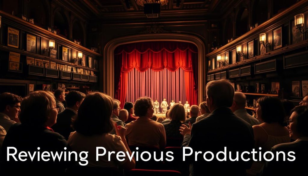 A grand theater's interior, dimly lit and rich in texture. In the foreground, a cluster of audience members engrossed in discussion, gesturing animatedly as they review a recent production. The middle ground reveals a stage, its curtains drawn, hinting at the dramatic performance that has just concluded. In the background, shelves of playbills and theater memorabilia line the walls, casting a nostalgic glow over the scene. The lighting is warm and inviting, casting subtle shadows that add depth and atmosphere. The camera's lens captures the lively exchange, conveying the thoughtful, intellectual nature of the "Reviewing Previous Productions" discussion. A grand theater's interior, dimly lit and rich in texture. In the foreground, a cluster of audience members engrossed in discussion, gesturing animatedly as they review a recent production. The middle ground reveals a stage, its curtains drawn, hinting at the dramatic performance that has just concluded. In the background, shelves of playbills and theater memorabilia line the walls, casting a nostalgic glow over the scene. The lighting is warm and inviting, casting subtle shadows that add depth and atmosphere. The camera's lens captures the lively exchange, conveying the thoughtful, intellectual nature of the "Reviewing Previous Productions" discussion.