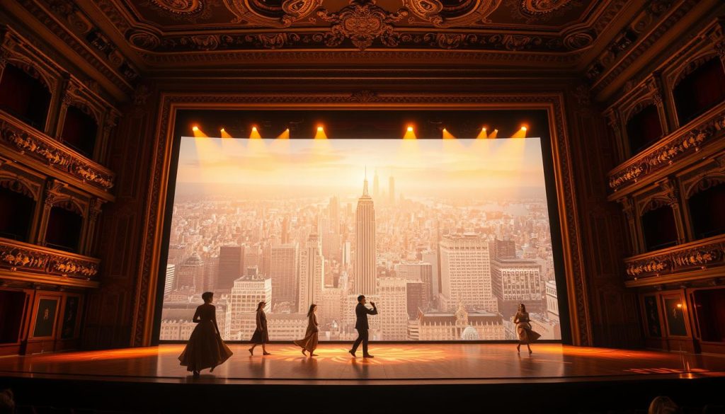 A grand theater's stage, illuminated by a warm, golden glow, serves as the canvas for a captivating augmented reality performance. In the foreground, actors move with graceful, lifelike movements, their forms shimmering with a subtle digital sheen. The middle ground showcases a stunning 3D projection, depicting a vast, stylized cityscape that seems to extend beyond the stage's boundaries. In the background, the theater's ornate, historic architecture provides a majestic backdrop, hinting at the rich cultural legacy being celebrated. The scene exudes a sense of wonder and technological innovation, conveying the theater's enduring impact and the limitless possibilities of the future. A grand theater's stage, illuminated by a warm, golden glow, serves as the canvas for a captivating augmented reality performance. In the foreground, actors move with graceful, lifelike movements, their forms shimmering with a subtle digital sheen. The middle ground showcases a stunning 3D projection, depicting a vast, stylized cityscape that seems to extend beyond the stage's boundaries. In the background, the theater's ornate, historic architecture provides a majestic backdrop, hinting at the rich cultural legacy being celebrated. The scene exudes a sense of wonder and technological innovation, conveying the theater's enduring impact and the limitless possibilities of the future.