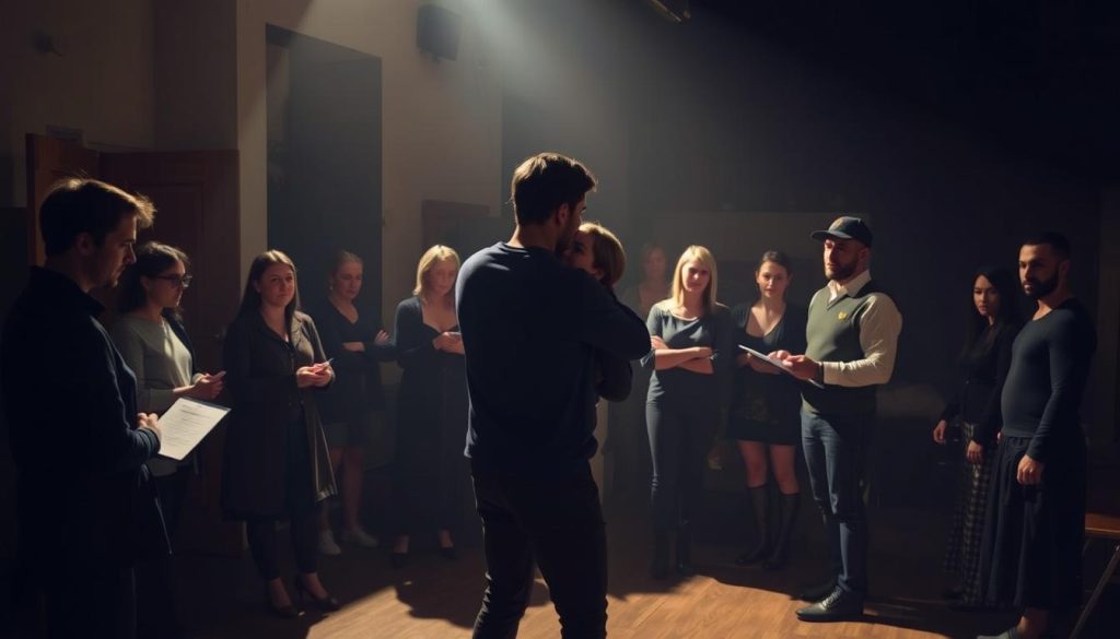 A group of actors gathered in a dimly lit rehearsal studio, their faces illuminated by warm, soft lighting that casts long shadows on the walls. In the foreground, two performers engage in an intense, physical exchange, their bodies intertwined as they explore a scene. In the middle ground, others observe intently, taking notes and offering occasional feedback. The background is hazy, filled with the tools of the trade - props, costumes, and a sense of creative energy. The overall atmosphere is one of focused collaboration, a moment of deep exploration and discovery as the ensemble works to bring a European drama to life. A group of actors gathered in a dimly lit rehearsal studio, their faces illuminated by warm, soft lighting that casts long shadows on the walls. In the foreground, two performers engage in an intense, physical exchange, their bodies intertwined as they explore a scene. In the middle ground, others observe intently, taking notes and offering occasional feedback. The background is hazy, filled with the tools of the trade - props, costumes, and a sense of creative energy. The overall atmosphere is one of focused collaboration, a moment of deep exploration and discovery as the ensemble works to bring a European drama to life.