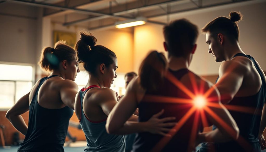 A group of athletes engaged in a collaborative sports training session, captured in a dynamic, cinéma vérité-style composition. In the foreground, teammates work together, their bodies in fluid motion as they push each other to excel. Midground, a coach observes intently, providing guidance and encouragement. The background reveals the training facility, bathed in warm, diffused lighting that creates a sense of camaraderie and dedication. Lens flares and shallow depth of field lend an intimate, documentary-like quality to the scene, immersing the viewer in the intensity of the group effort. A group of athletes engaged in a collaborative sports training session, captured in a dynamic, cinéma vérité-style composition. In the foreground, teammates work together, their bodies in fluid motion as they push each other to excel. Midground, a coach observes intently, providing guidance and encouragement. The background reveals the training facility, bathed in warm, diffused lighting that creates a sense of camaraderie and dedication. Lens flares and shallow depth of field lend an intimate, documentary-like quality to the scene, immersing the viewer in the intensity of the group effort.
