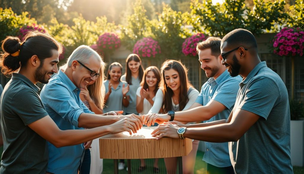 A group of colleagues engaged in a dynamic team building exercise set against the backdrop of a sunlit outdoor garden. In the foreground, co-workers collaborate intently, their expressions focused as they tackle a hands-on problem-solving task. In the middle ground, other team members cheer and encourage, their camaraderie palpable. The scene is bathed in warm, natural lighting that casts soft shadows, creating a sense of energy and vitality. The lush greenery and vibrant floral arrangements in the background establish a serene, rejuvenating atmosphere conducive to creative exploration and athletic endeavor. A group of colleagues engaged in a dynamic team building exercise set against the backdrop of a sunlit outdoor garden. In the foreground, co-workers collaborate intently, their expressions focused as they tackle a hands-on problem-solving task. In the middle ground, other team members cheer and encourage, their camaraderie palpable. The scene is bathed in warm, natural lighting that casts soft shadows, creating a sense of energy and vitality. The lush greenery and vibrant floral arrangements in the background establish a serene, rejuvenating atmosphere conducive to creative exploration and athletic endeavor.