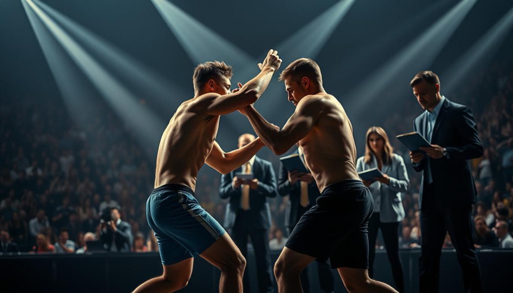 A high-contrast, cinematic sports performance analysis scene. In the foreground, two athletes of different genders engage in a friendly yet competitive match, their bodies in dynamic motion, limbs entangled as they grapple for dominance. Shadows and highlights accentuate the muscular definition and fluidity of their movements. In the middle ground, a panel of judges observes intently, clipboards in hand, evaluating the athletes' technique and form. The background is blurred, hinting at a packed stadium audience, creating a sense of intensity and scrutiny. The lighting is dramatic, with sharp beams cutting through the arena, adding a sense of drama and gravitas to the analysis of gendered sports performance. A high-contrast, cinematic sports performance analysis scene. In the foreground, two athletes of different genders engage in a friendly yet competitive match, their bodies in dynamic motion, limbs entangled as they grapple for dominance. Shadows and highlights accentuate the muscular definition and fluidity of their movements. In the middle ground, a panel of judges observes intently, clipboards in hand, evaluating the athletes' technique and form. The background is blurred, hinting at a packed stadium audience, creating a sense of intensity and scrutiny. The lighting is dramatic, with sharp beams cutting through the arena, adding a sense of drama and gravitas to the analysis of gendered sports performance.