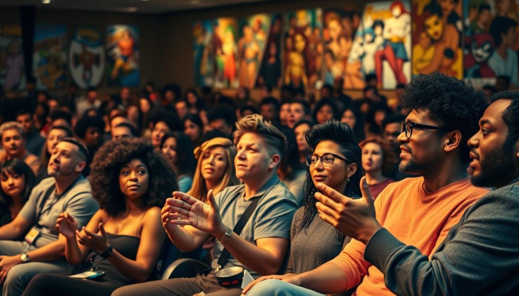 A large, diverse audience sits engrossed in a comic book panel discussion, their faces alight with rapt attention and animated expressions. The room is bathed in warm, soft lighting that casts a cozy, inviting atmosphere. In the foreground, a panel of diverse comic creators gestures emphatically as they share their stories and perspectives, their body language reflecting their passion and engagement. The middle ground features the audience, a sea of upturned faces capturing a range of reactions - from nodding agreement to pensive contemplation. In the background, the walls are lined with vibrant comic book artwork, hinting at the rich tapestry of diverse narratives being celebrated. The overall scene conveys a sense of inclusive community, where marginalized voices are amplified and celebrated. A large, diverse audience sits engrossed in a comic book panel discussion, their faces alight with rapt attention and animated expressions. The room is bathed in warm, soft lighting that casts a cozy, inviting atmosphere. In the foreground, a panel of diverse comic creators gestures emphatically as they share their stories and perspectives, their body language reflecting their passion and engagement. The middle ground features the audience, a sea of upturned faces capturing a range of reactions - from nodding agreement to pensive contemplation. In the background, the walls are lined with vibrant comic book artwork, hinting at the rich tapestry of diverse narratives being celebrated. The overall scene conveys a sense of inclusive community, where marginalized voices are amplified and celebrated.