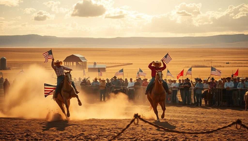 A lively rodeo arena set against the backdrop of a vast, sun-dappled prairie landscape. In the foreground, bronco riders cling to bucking steeds, their faces etched with determination as the crowd roars in excitement. Billowing clouds of dust kick up from the arena floor, casting a warm, nostalgic glow over the scene. In the middle ground, spectators wave American flags and cheer passionately, their expressions conveying a deep connection to the Americana spectacle unfolding before them. The distant horizon is dotted with weathered barns and silos, reinforcing the rural, heartland setting. Warm, golden lighting filters through the scene, evoking a timeless, cinematic quality. A lively rodeo arena set against the backdrop of a vast, sun-dappled prairie landscape. In the foreground, bronco riders cling to bucking steeds, their faces etched with determination as the crowd roars in excitement. Billowing clouds of dust kick up from the arena floor, casting a warm, nostalgic glow over the scene. In the middle ground, spectators wave American flags and cheer passionately, their expressions conveying a deep connection to the Americana spectacle unfolding before them. The distant horizon is dotted with weathered barns and silos, reinforcing the rural, heartland setting. Warm, golden lighting filters through the scene, evoking a timeless, cinematic quality.