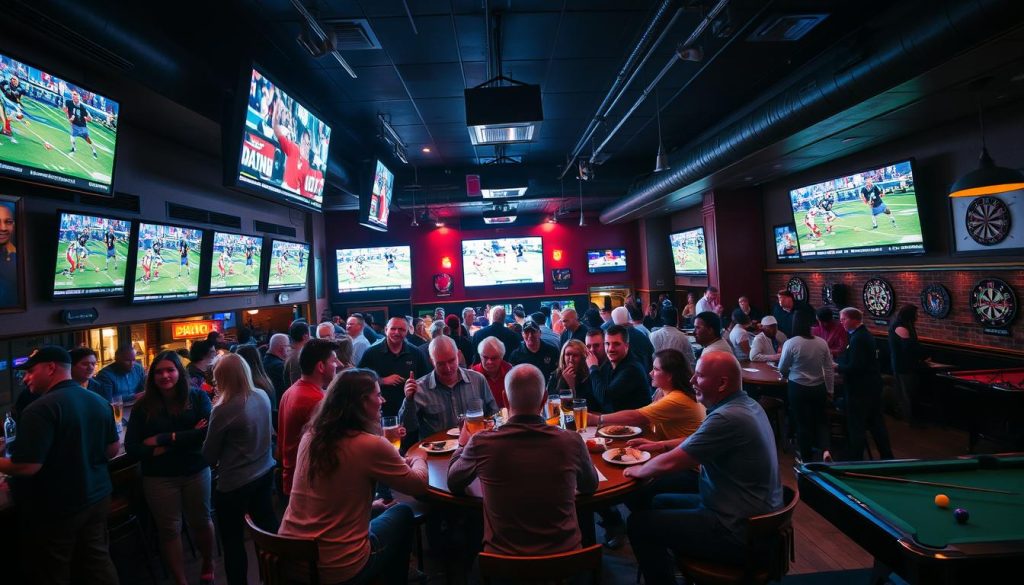 A lively sports bar with a vibrant atmosphere, dimly lit with warm, amber lighting casting a cozy glow. The room is filled with large screen televisions displaying multiple live sporting events, captivating the attention of a diverse crowd of patrons. In the foreground, a group of friends gather around a high-top table, sipping craft beers and sharing plates of classic bar fare as they enthusiastically cheer on their favorite teams. The middle ground showcases the bustling energy of the establishment, with servers swiftly navigating the space to deliver orders. In the background, a pool table and dart boards provide additional entertainment options for the patrons. An overall sense of community, camaraderie, and the thrill of the game permeates the scene. A lively sports bar with a vibrant atmosphere, dimly lit with warm, amber lighting casting a cozy glow. The room is filled with large screen televisions displaying multiple live sporting events, captivating the attention of a diverse crowd of patrons. In the foreground, a group of friends gather around a high-top table, sipping craft beers and sharing plates of classic bar fare as they enthusiastically cheer on their favorite teams. The middle ground showcases the bustling energy of the establishment, with servers swiftly navigating the space to deliver orders. In the background, a pool table and dart boards provide additional entertainment options for the patrons. An overall sense of community, camaraderie, and the thrill of the game permeates the scene.
