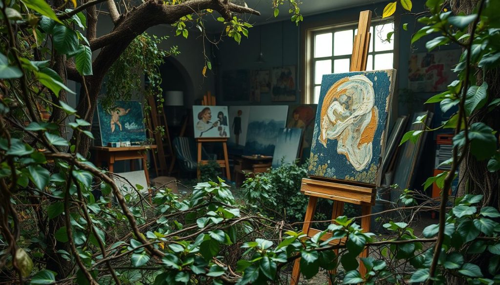 A lush, overgrown garden teeming with vibrant artistic roots. In the foreground, tangled vines and twisted branches form an intricate, organic tapestry, hinting at the creative energy within. The middle ground reveals a weathered, wooden easel supporting a half-finished painting, its bold brushstrokes conveying a sense of raw expression. In the background, a dimly lit studio space, filled with scattered canvases, paint-stained palettes, and a soft, moody light filtering through a large window, creating an atmosphere of contemplative focus. The scene exudes a sense of humble, low-budget artistry thriving amidst the natural world, a testament to the power of creativity to flourish in the most unexpected places. A lush, overgrown garden teeming with vibrant artistic roots. In the foreground, tangled vines and twisted branches form an intricate, organic tapestry, hinting at the creative energy within. The middle ground reveals a weathered, wooden easel supporting a half-finished painting, its bold brushstrokes conveying a sense of raw expression. In the background, a dimly lit studio space, filled with scattered canvases, paint-stained palettes, and a soft, moody light filtering through a large window, creating an atmosphere of contemplative focus. The scene exudes a sense of humble, low-budget artistry thriving amidst the natural world, a testament to the power of creativity to flourish in the most unexpected places.