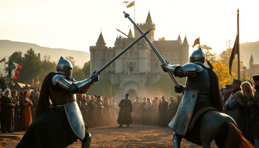 A medieval tournament grounds, bathed in warm, golden light from the late afternoon sun. In the foreground, two knights in shining armor engage in a spirited joust, lances clashing with a thunderous impact as they vie for victory with honor and sportsmanship. Spectators in period-accurate costumes line the stands, cheering enthusiastically. In the middle ground, a procession of noblemen and women observe the competition, their regal garments and refined bearing reflecting the virtues of chivalry and fair play. The background depicts a picturesque castle, its towering spires and ornate architecture evoking the grandeur and tradition of the era. An atmosphere of medieval pageantry, noble competition, and the pursuit of virtue permeates the scene. A medieval tournament grounds, bathed in warm, golden light from the late afternoon sun. In the foreground, two knights in shining armor engage in a spirited joust, lances clashing with a thunderous impact as they vie for victory with honor and sportsmanship. Spectators in period-accurate costumes line the stands, cheering enthusiastically. In the middle ground, a procession of noblemen and women observe the competition, their regal garments and refined bearing reflecting the virtues of chivalry and fair play. The background depicts a picturesque castle, its towering spires and ornate architecture evoking the grandeur and tradition of the era. An atmosphere of medieval pageantry, noble competition, and the pursuit of virtue permeates the scene.