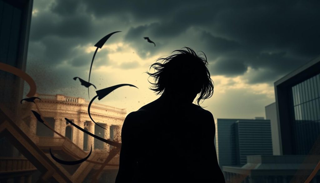 A modern interpretation of the classical Greek tragedy, set against a backdrop of contemporary urban architecture. In the foreground, a striking figure, head bowed in anguish, their silhouette cast in dramatic chiaroscuro lighting. Surrounding them, a swirl of abstract shapes and textures, evoking the tumultuous emotions and complex themes of the original myth. The middle ground features a minimalist, glass-and-steel cityscape, hinting at the timeless resonance of these ancient stories in the modern world. In the distance, a stormy sky, charged with an air of foreboding and the weight of legacy. Shadows and highlights interplay, creating a sense of depth and a moody, introspective atmosphere. A modern interpretation of the classical Greek tragedy, set against a backdrop of contemporary urban architecture. In the foreground, a striking figure, head bowed in anguish, their silhouette cast in dramatic chiaroscuro lighting. Surrounding them, a swirl of abstract shapes and textures, evoking the tumultuous emotions and complex themes of the original myth. The middle ground features a minimalist, glass-and-steel cityscape, hinting at the timeless resonance of these ancient stories in the modern world. In the distance, a stormy sky, charged with an air of foreboding and the weight of legacy. Shadows and highlights interplay, creating a sense of depth and a moody, introspective atmosphere.