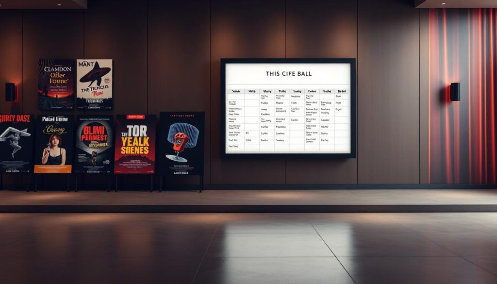 A neatly arranged display of upcoming theatrical performances, showcased on a sleek, minimalist stage. The foreground features a curation of event posters, expertly crafted with bold typography and evocative imagery, drawing the viewer's attention. The middle ground showcases a clean, well-lit schedule board, displaying dates, show titles, and performance times in a visually striking manner. In the background, a subtle, warm-toned theater-inspired backdrop sets the mood, evoking a sense of anticipation and excitement. The overall composition is balanced, with a focus on presentation and attention to detail, reflecting the high-quality programming of the Cutting Ball theater. A neatly arranged display of upcoming theatrical performances, showcased on a sleek, minimalist stage. The foreground features a curation of event posters, expertly crafted with bold typography and evocative imagery, drawing the viewer's attention. The middle ground showcases a clean, well-lit schedule board, displaying dates, show titles, and performance times in a visually striking manner. In the background, a subtle, warm-toned theater-inspired backdrop sets the mood, evoking a sense of anticipation and excitement. The overall composition is balanced, with a focus on presentation and attention to detail, reflecting the high-quality programming of the Cutting Ball theater.