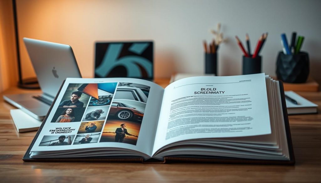 A neatly organized portfolio showcasing diverse creative projects stands in the foreground, its pages open to reveal a bold, experimental screenplay or concept. In the middle ground, a stylish, minimalist desk setup with a laptop, notebook, and a carefully curated selection of pens and stationery conveys a sense of thoughtful curation. The background is softly lit, with a warm, inviting ambiance that suggests a cozy, inspiring workspace. The overall mood is one of focus, creativity, and the excitement of pitching innovative ideas to a discerning audience. A neatly organized portfolio showcasing diverse creative projects stands in the foreground, its pages open to reveal a bold, experimental screenplay or concept. In the middle ground, a stylish, minimalist desk setup with a laptop, notebook, and a carefully curated selection of pens and stationery conveys a sense of thoughtful curation. The background is softly lit, with a warm, inviting ambiance that suggests a cozy, inspiring workspace. The overall mood is one of focus, creativity, and the excitement of pitching innovative ideas to a discerning audience.
