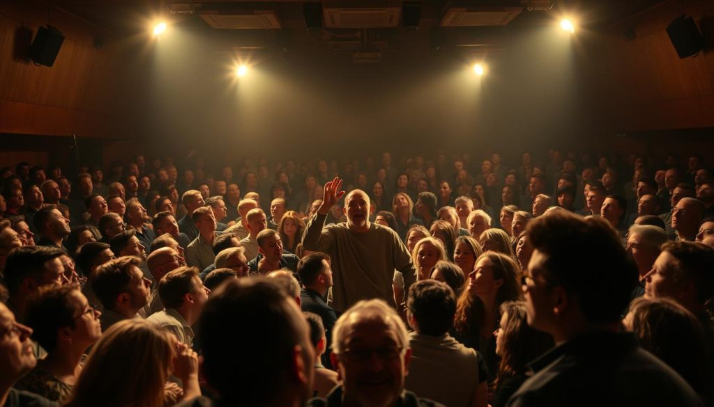 A packed auditorium, audience members leaning forward with rapt attention. Spotlights cast a warm, theatrical glow, illuminating the sea of upturned faces. In the center, a lone performer commands the stage, gesticulating with a sense of urgency and passion. The crowd's expressions reflect a range of emotions - intrigue, contemplation, even trepidation. The air is charged with an electric energy, as if the audience is collectively holding its breath, ready to be swept away by the spectacle unfolding before them. Shadows and highlights create a dramatic, cinematic quality, emphasizing the high-stakes, experimental nature of the "Risk Series" performance. A packed auditorium, audience members leaning forward with rapt attention. Spotlights cast a warm, theatrical glow, illuminating the sea of upturned faces. In the center, a lone performer commands the stage, gesticulating with a sense of urgency and passion. The crowd's expressions reflect a range of emotions - intrigue, contemplation, even trepidation. The air is charged with an electric energy, as if the audience is collectively holding its breath, ready to be swept away by the spectacle unfolding before them. Shadows and highlights create a dramatic, cinematic quality, emphasizing the high-stakes, experimental nature of the "Risk Series" performance.