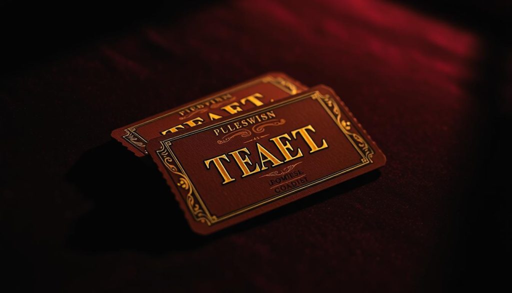 A pair of ornate, vintage theater tickets resting on a dark, velvety surface. The tickets are printed with bold, gold-embossed text against a deep crimson background, conveying a sense of elegance and tradition. The lighting is soft and warm, casting subtle shadows that add depth and dimension to the scene. The camera angle is slightly low, creating a sense of anticipation and importance, as if the viewer is preparing to attend a captivating performance. The overall mood is one of excitement and anticipation, perfectly suited for the "Next Performances and Tickets" section of the article. A pair of ornate, vintage theater tickets resting on a dark, velvety surface. The tickets are printed with bold, gold-embossed text against a deep crimson background, conveying a sense of elegance and tradition. The lighting is soft and warm, casting subtle shadows that add depth and dimension to the scene. The camera angle is slightly low, creating a sense of anticipation and importance, as if the viewer is preparing to attend a captivating performance. The overall mood is one of excitement and anticipation, perfectly suited for the "Next Performances and Tickets" section of the article.