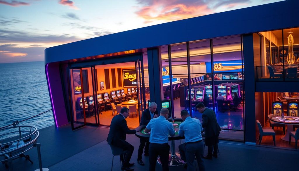 A seaside casino with a neon-lit exterior, sleek and modern in design. The entrance is flanked by towering glass walls, offering a glimpse of the bustling gaming floor inside. In the foreground, a group of well-dressed individuals huddle around a table, deeply engaged in a high-stakes betting strategy session. Soft, warm lighting casts a sophisticated ambiance, while the background showcases the vast, open ocean and a dramatic sunset sky. The scene exudes an air of exclusivity, where experienced gamblers gather to share their offshore betting expertise. A seaside casino with a neon-lit exterior, sleek and modern in design. The entrance is flanked by towering glass walls, offering a glimpse of the bustling gaming floor inside. In the foreground, a group of well-dressed individuals huddle around a table, deeply engaged in a high-stakes betting strategy session. Soft, warm lighting casts a sophisticated ambiance, while the background showcases the vast, open ocean and a dramatic sunset sky. The scene exudes an air of exclusivity, where experienced gamblers gather to share their offshore betting expertise.