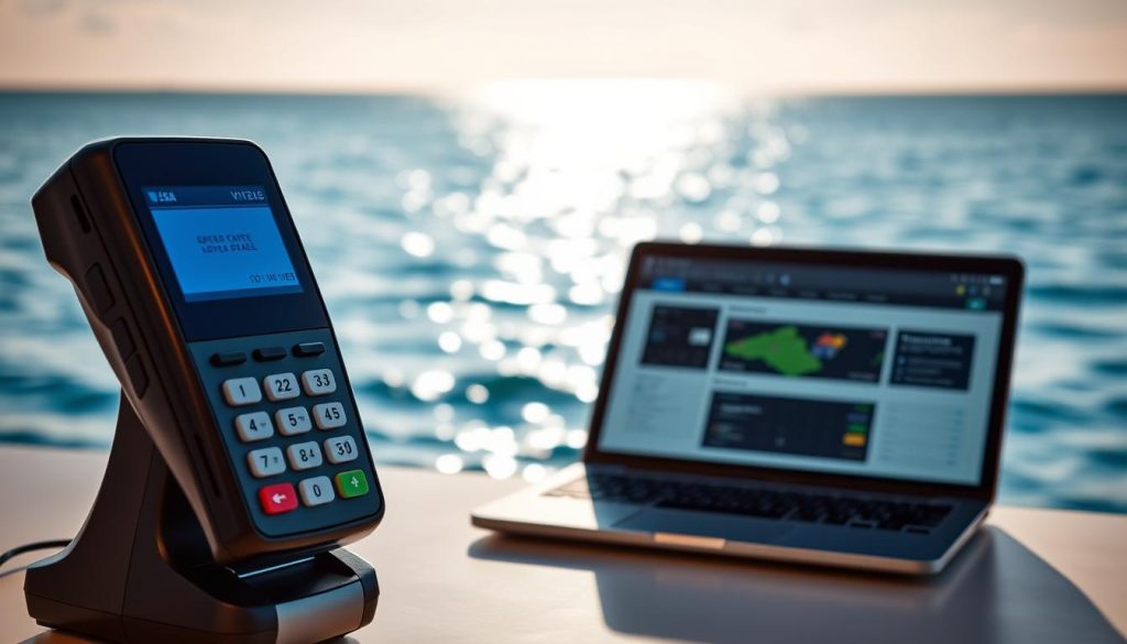A secure offshore sports betting platform set against a tranquil ocean backdrop. In the foreground, a sleek, modern payment terminal with touchscreen interface and contactless payment options. The middle ground features a laptop or mobile device displaying the betting platform's user-friendly interface, emphasizing ease of use and security. In the background, a sun-dappled horizon with gently lapping waves, conveying a sense of trustworthiness and reliability. Soft, natural lighting illuminates the scene, creating a calming, professional atmosphere. The overall composition showcases the secure, accessible, and seamless payment solutions for the offshore sports betting experience. A secure offshore sports betting platform set against a tranquil ocean backdrop. In the foreground, a sleek, modern payment terminal with touchscreen interface and contactless payment options. The middle ground features a laptop or mobile device displaying the betting platform's user-friendly interface, emphasizing ease of use and security. In the background, a sun-dappled horizon with gently lapping waves, conveying a sense of trustworthiness and reliability. Soft, natural lighting illuminates the scene, creating a calming, professional atmosphere. The overall composition showcases the secure, accessible, and seamless payment solutions for the offshore sports betting experience.