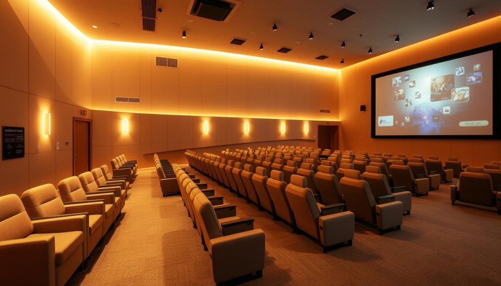 A serene and welcoming theater interior, bathed in warm, diffused lighting. The space features comfortable, sensory-friendly seating with ample legroom and adjustable lighting levels. Soft, neutral-toned fabrics and textures create a calming ambiance. The entrance is wide and accessible, leading to a lobby with clear wayfinding cues and signage. Tactile and visual aids are strategically placed to enhance the inclusive experience. In the background, a large, state-of-the-art projection screen displays captivating visuals without overpowering the senses. The overall atmosphere is one of inclusivity, accessibility, and a deep consideration for the diverse needs of the audience. A serene and welcoming theater interior, bathed in warm, diffused lighting. The space features comfortable, sensory-friendly seating with ample legroom and adjustable lighting levels. Soft, neutral-toned fabrics and textures create a calming ambiance. The entrance is wide and accessible, leading to a lobby with clear wayfinding cues and signage. Tactile and visual aids are strategically placed to enhance the inclusive experience. In the background, a large, state-of-the-art projection screen displays captivating visuals without overpowering the senses. The overall atmosphere is one of inclusivity, accessibility, and a deep consideration for the diverse needs of the audience.
