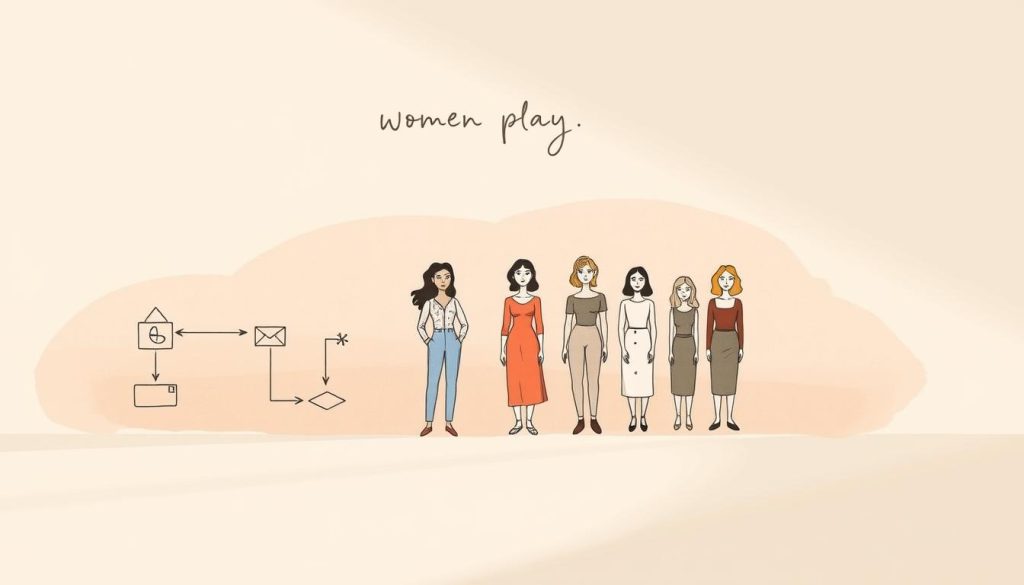A serene, minimalist illustration of a flowchart depicting the journey of empowerment for women playwrights. The foreground features clean, hand-drawn shapes and icons representing the key stages, connected by elegant lines. The middle ground showcases a diverse group of confident, stylized female figures, each representing a different creative role or perspective. The background has a soft, watercolor-like gradient in muted, earthy tones, creating a sense of warmth and encouragement. Subtle, directional lighting from the upper left casts gentle shadows, emphasizing the depth and dimensionality of the composition. The overall mood is one of inspiration, guidance, and the power of collective female artistic expression. A serene, minimalist illustration of a flowchart depicting the journey of empowerment for women playwrights. The foreground features clean, hand-drawn shapes and icons representing the key stages, connected by elegant lines. The middle ground showcases a diverse group of confident, stylized female figures, each representing a different creative role or perspective. The background has a soft, watercolor-like gradient in muted, earthy tones, creating a sense of warmth and encouragement. Subtle, directional lighting from the upper left casts gentle shadows, emphasizing the depth and dimensionality of the composition. The overall mood is one of inspiration, guidance, and the power of collective female artistic expression.