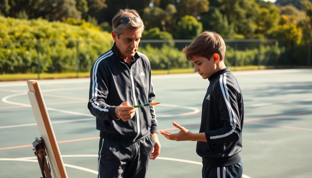 A serene, sun-dappled sports court, where a wise mentor, clad in a crisp tracksuit, guides a young, determined artist through dynamic drills and inspiring coaching. In the foreground, the mentor's hands demonstrate elegant, flowing brush strokes, while the mentee, eyes alight with focus, intently observes and mimics the movements. The background depicts a lush, verdant landscape, hinting at the expansive possibilities for the mentee's artistic growth. Soft, warm lighting bathes the scene, conveying a sense of guidance, collaboration, and the transformative power of mentorship. A serene, sun-dappled sports court, where a wise mentor, clad in a crisp tracksuit, guides a young, determined artist through dynamic drills and inspiring coaching. In the foreground, the mentor's hands demonstrate elegant, flowing brush strokes, while the mentee, eyes alight with focus, intently observes and mimics the movements. The background depicts a lush, verdant landscape, hinting at the expansive possibilities for the mentee's artistic growth. Soft, warm lighting bathes the scene, conveying a sense of guidance, collaboration, and the transformative power of mentorship.