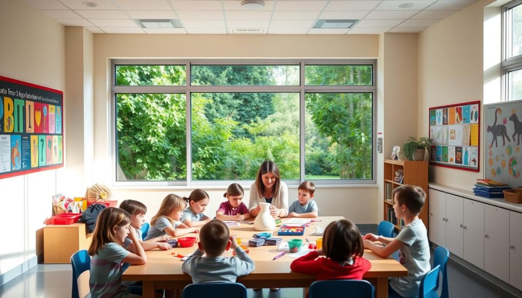 A serene, well-lit classroom with large windows overlooking a lush, verdant garden. On the walls, colorful posters and student artworks showcase a vibrant arts program curriculum. In the foreground, a group of attentive children sit around a large table, engaged in a hands-on activity like sculpting, painting, or learning musical instruments. The teacher, a warm and encouraging figure, guides them through the creative process. The overall atmosphere is one of exploration, discovery, and the nurturing of young artistic talents. A serene, well-lit classroom with large windows overlooking a lush, verdant garden. On the walls, colorful posters and student artworks showcase a vibrant arts program curriculum. In the foreground, a group of attentive children sit around a large table, engaged in a hands-on activity like sculpting, painting, or learning musical instruments. The teacher, a warm and encouraging figure, guides them through the creative process. The overall atmosphere is one of exploration, discovery, and the nurturing of young artistic talents.
