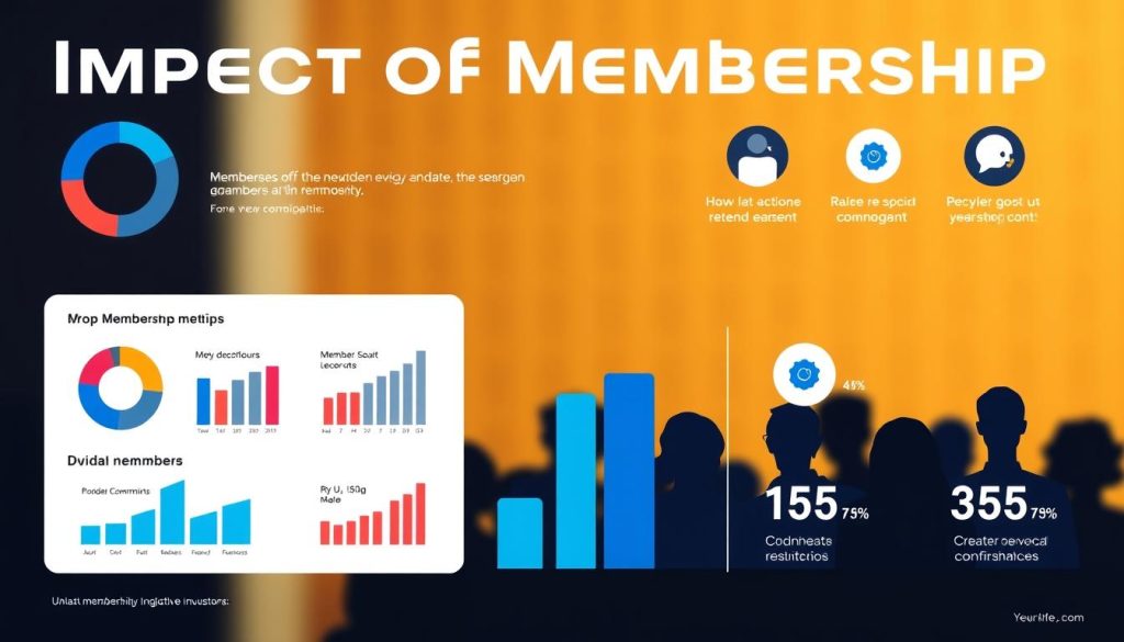 A sleek, data-driven infographic showcasing the impact of membership. The foreground features clean, vibrant data visualizations - pie charts, bar graphs, and icons - highlighting key membership metrics like growth, retention, and engagement. The middle ground has stylized silhouettes of diverse members, conveying a sense of community. The background is a blurred, warm-toned pattern, adding depth and texture. Minimalist typography and layout create a modern, professional aesthetic. Crisp, balanced lighting and a shallow depth of field draw the viewer's focus to the core data insights. The overall mood is one of clarity, momentum, and collective impact. A sleek, data-driven infographic showcasing the impact of membership. The foreground features clean, vibrant data visualizations - pie charts, bar graphs, and icons - highlighting key membership metrics like growth, retention, and engagement. The middle ground has stylized silhouettes of diverse members, conveying a sense of community. The background is a blurred, warm-toned pattern, adding depth and texture. Minimalist typography and layout create a modern, professional aesthetic. Crisp, balanced lighting and a shallow depth of field draw the viewer's focus to the core data insights. The overall mood is one of clarity, momentum, and collective impact.
