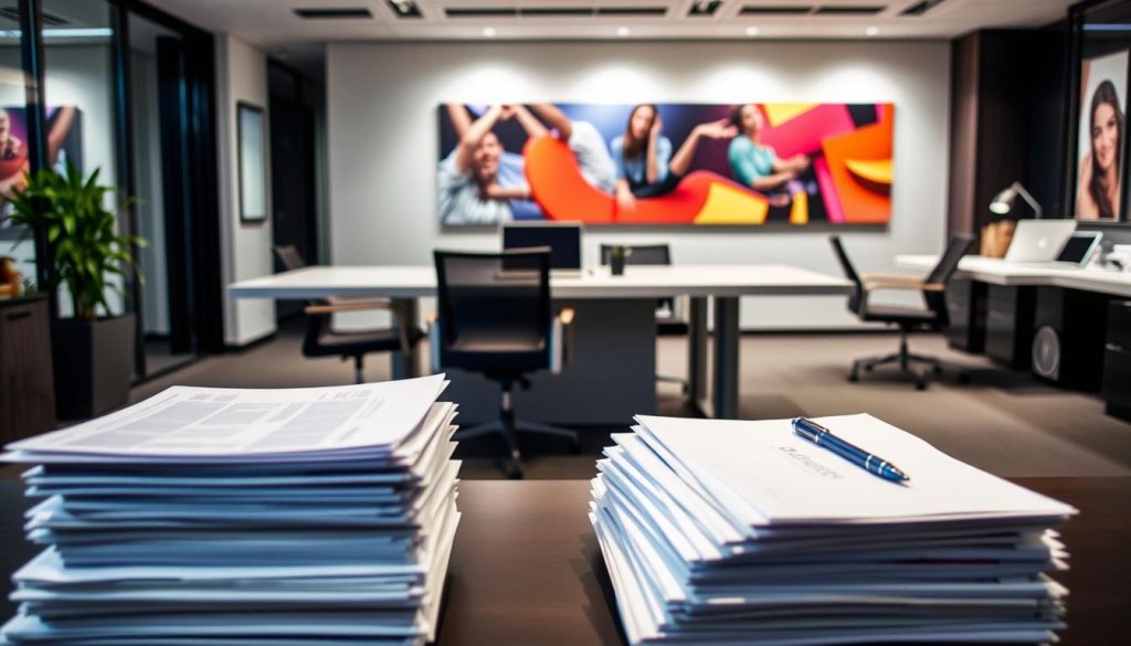 A sleek, modern office setting with a central desk and chairs, representing the "front office" of an arts organization. In the foreground, stacks of application materials and portfolios are neatly arranged, conveying the process of reviewing and evaluating candidates. The middle ground features a stylish, well-lit workspace with a laptop, pen, and other administrative tools, suggesting the day-to-day tasks of an arts administrator. The background showcases a vibrant, colorful wall display, hinting at the creative and artistic nature of the organization. The overall scene radiates a professional, yet approachable atmosphere, capturing the essence of "Auditioning for the Front Office" in the arts industry. A sleek, modern office setting with a central desk and chairs, representing the "front office" of an arts organization. In the foreground, stacks of application materials and portfolios are neatly arranged, conveying the process of reviewing and evaluating candidates. The middle ground features a stylish, well-lit workspace with a laptop, pen, and other administrative tools, suggesting the day-to-day tasks of an arts administrator. The background showcases a vibrant, colorful wall display, hinting at the creative and artistic nature of the organization. The overall scene radiates a professional, yet approachable atmosphere, capturing the essence of "Auditioning for the Front Office" in the arts industry.