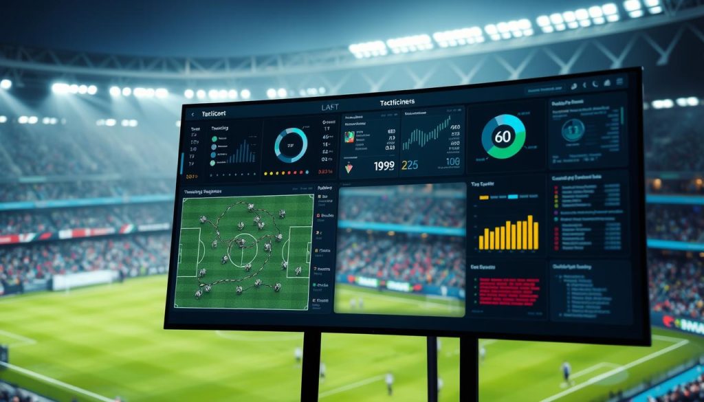 A sophisticated sports analysis dashboard displayed on a large curved monitor, illuminated by soft, directional lighting that casts subtle shadows. In the foreground, a detailed tactician's view of a playing field, overlaid with dynamic data visualizations, player tracking, and strategic annotations. The middle ground features a panoramic view of the stadium, with spectators in the stands and the players on the field below. The background blurs into an atmospheric, cinematic perspective, capturing the energy and drama of the game unfolding. A sophisticated sports analysis dashboard displayed on a large curved monitor, illuminated by soft, directional lighting that casts subtle shadows. In the foreground, a detailed tactician's view of a playing field, overlaid with dynamic data visualizations, player tracking, and strategic annotations. The middle ground features a panoramic view of the stadium, with spectators in the stands and the players on the field below. The background blurs into an atmospheric, cinematic perspective, capturing the energy and drama of the game unfolding.