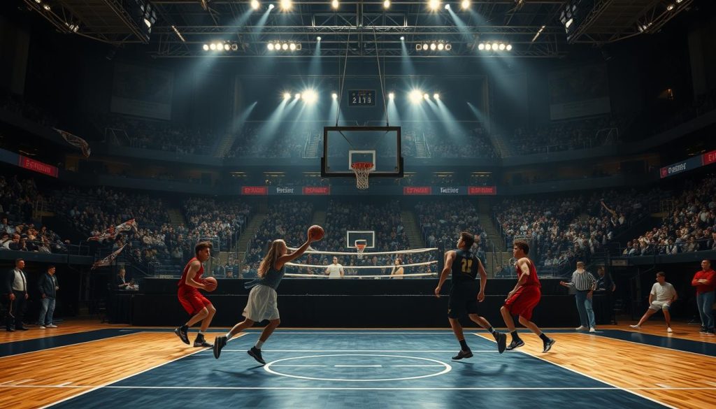 A sports arena filled with symbolic metaphors, bathed in dramatic theatrical lighting. In the foreground, a basketball court with players representing the conflicting characters of Shakespeare's "The Taming of the Shrew" - the tempestuous Kate and the cunning Petruchio, their tense clash of wills embodied in each furious dribble and ferocious block. In the middle ground, a boxing ring where a title match rages, the competitors mirroring the power struggles and gender dynamics of the play. And in the background, a grand stadium with spectators waving sports pennants, the roar of the crowd echoing the wit and wordplay that define Shakespeare's timeless work. A sports arena filled with symbolic metaphors, bathed in dramatic theatrical lighting. In the foreground, a basketball court with players representing the conflicting characters of Shakespeare's "The Taming of the Shrew" - the tempestuous Kate and the cunning Petruchio, their tense clash of wills embodied in each furious dribble and ferocious block. In the middle ground, a boxing ring where a title match rages, the competitors mirroring the power struggles and gender dynamics of the play. And in the background, a grand stadium with spectators waving sports pennants, the roar of the crowd echoing the wit and wordplay that define Shakespeare's timeless work.