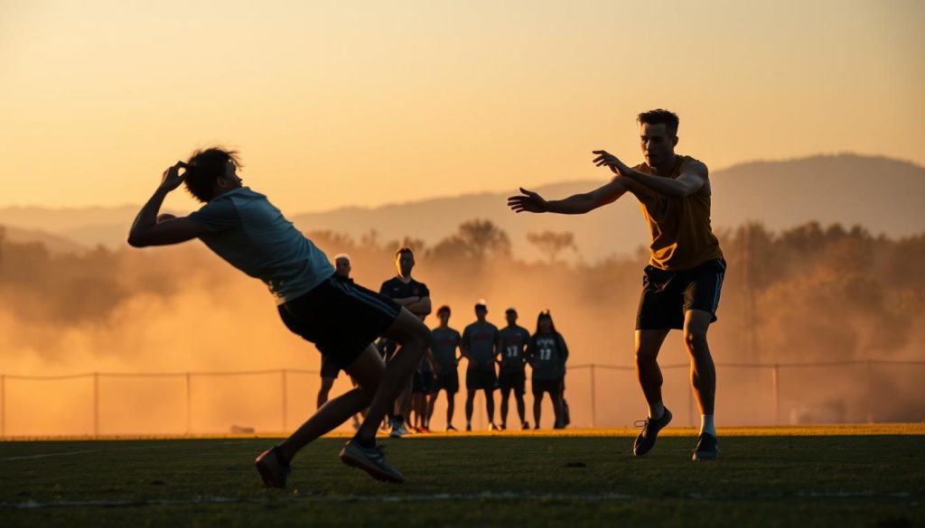 A sports field at dusk, with dramatic shadows and warm, golden lighting. In the foreground, two athletes engage in a spontaneous, fluid dance-like movement, their bodies twisting and contorting as they react to each other's actions. In the middle ground, a group of spectators watches intently, their expressions a mix of fascination and confusion. The background fades into a hazy, dreamlike landscape, suggesting a sense of otherworldliness and the blurring of boundaries between reality and imagination. The overall mood is one of energy, unpredictability, and the exploration of the limits of physical expression. A sports field at dusk, with dramatic shadows and warm, golden lighting. In the foreground, two athletes engage in a spontaneous, fluid dance-like movement, their bodies twisting and contorting as they react to each other's actions. In the middle ground, a group of spectators watches intently, their expressions a mix of fascination and confusion. The background fades into a hazy, dreamlike landscape, suggesting a sense of otherworldliness and the blurring of boundaries between reality and imagination. The overall mood is one of energy, unpredictability, and the exploration of the limits of physical expression.