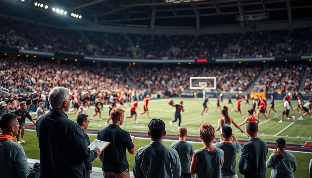 A sports stadium filled with a diverse array of athletes, stretching and warming up on the field under the warm glow of stadium lighting. In the foreground, a group of coaches and scouts observing intently, taking notes as they evaluate the candidates' skills and potential. The middle ground features hopeful contestants showcasing their talents, whether it's dribbling a basketball, sprinting down the track, or executing a gymnastics routine. The background is a blur of spectators in the stands, creating an electric atmosphere of anticipation and excitement. The scene conveys the high-stakes intensity of a competitive sports audition, where dreams and aspirations are on full display. A sports stadium filled with a diverse array of athletes, stretching and warming up on the field under the warm glow of stadium lighting. In the foreground, a group of coaches and scouts observing intently, taking notes as they evaluate the candidates' skills and potential. The middle ground features hopeful contestants showcasing their talents, whether it's dribbling a basketball, sprinting down the track, or executing a gymnastics routine. The background is a blur of spectators in the stands, creating an electric atmosphere of anticipation and excitement. The scene conveys the high-stakes intensity of a competitive sports audition, where dreams and aspirations are on full display.